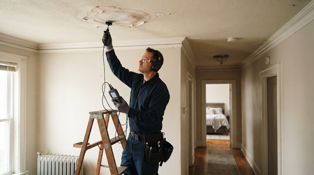 Specialist investigating a ceiling water leak in a Camden apartment building