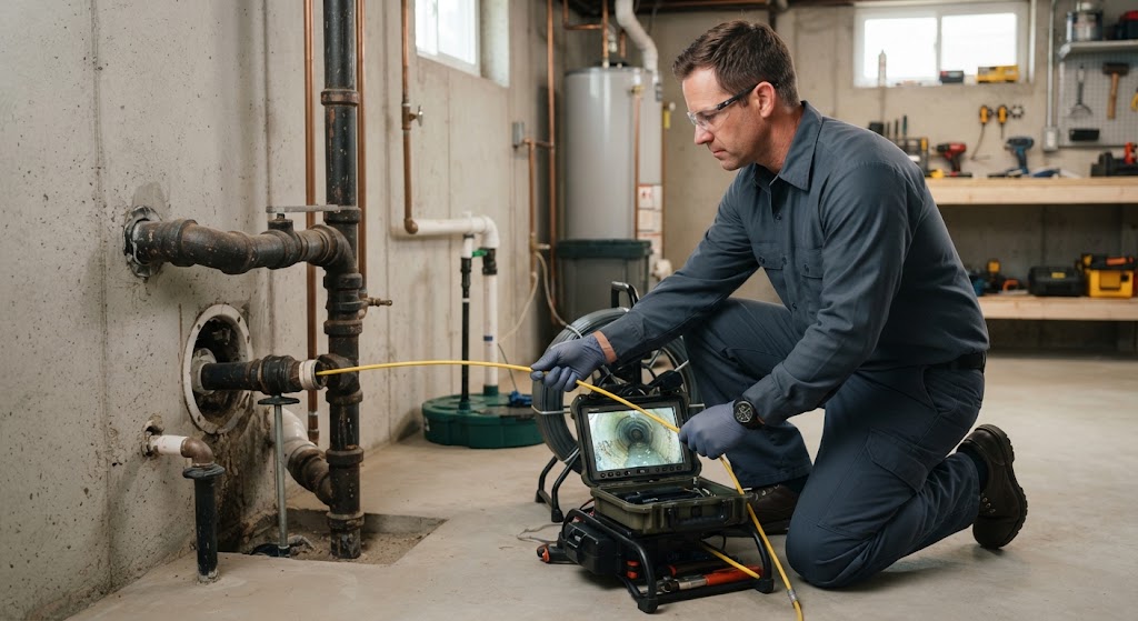 Specialist using thermal imaging to find a concealed water leak behind a wall in Camden, NJ