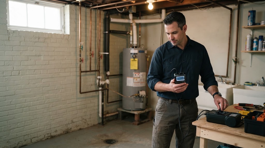Leak detection specialist talking on the phone with a customer in Camden, NJ