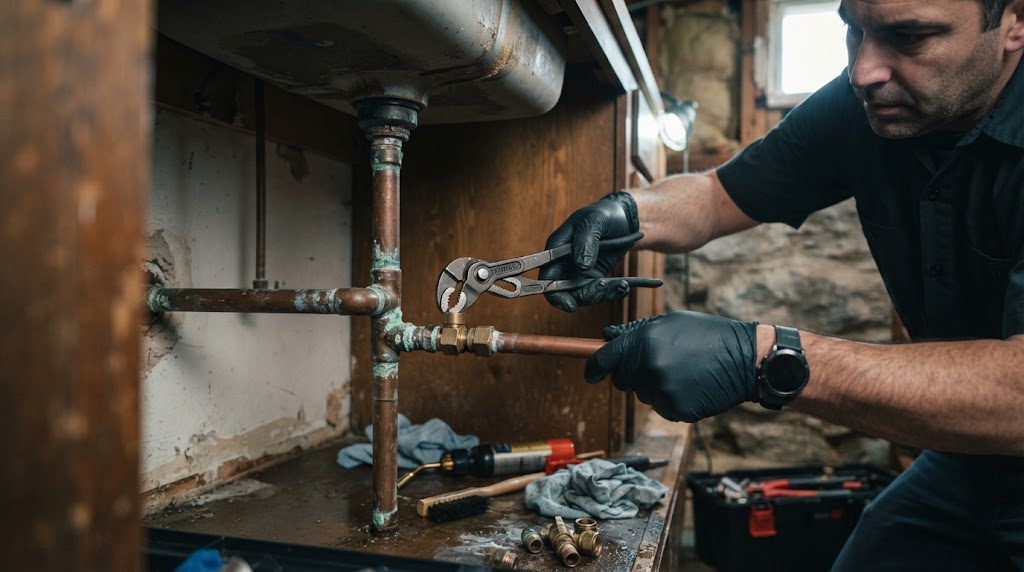 Plumber fixing an exposed leaking pipe in a Camden, NJ home