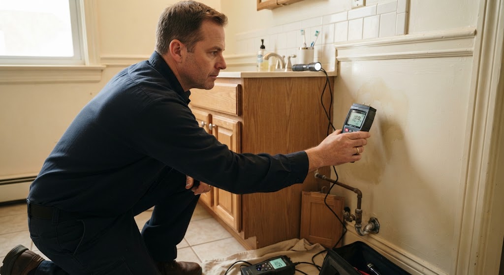 Specialist using a moisture meter to detect a shower leak in a Camden bathroom