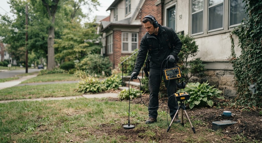 Specialist using acoustic equipment to detect an underground water line leak in Camden, NJ